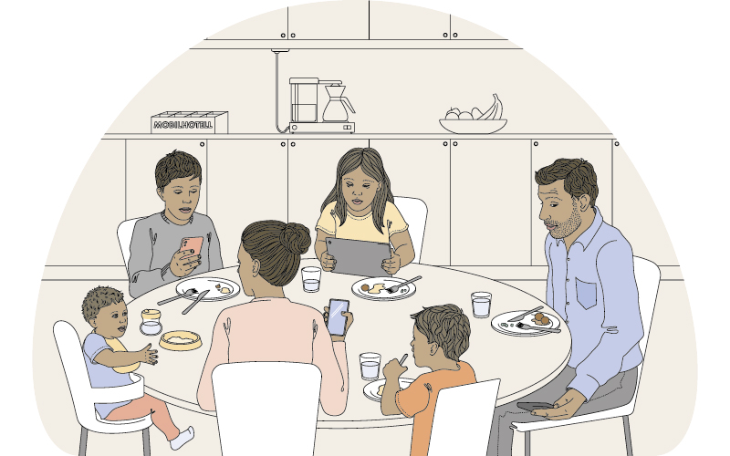 Illustration - familj vid matbord. Två vuxna och fyra barn.