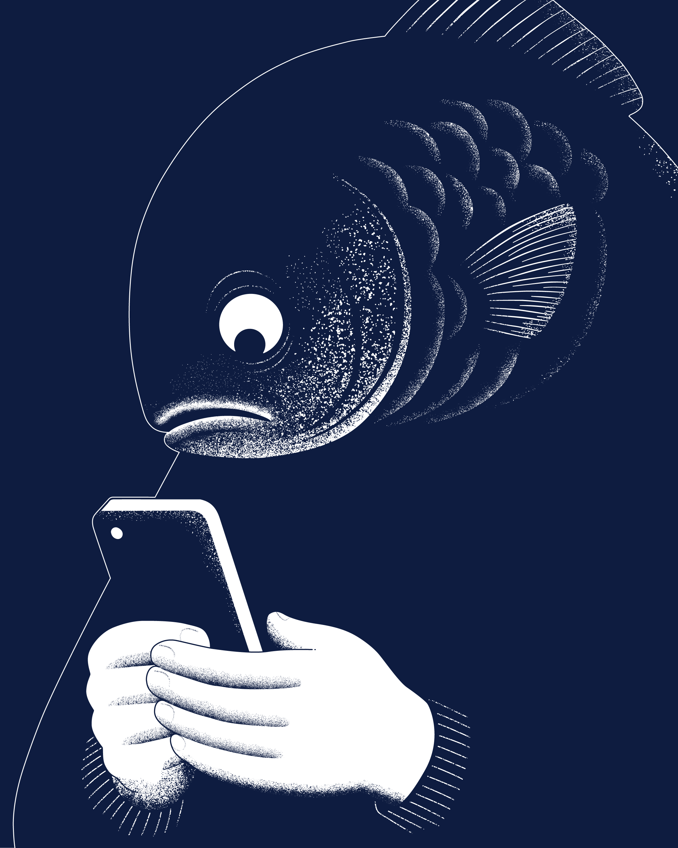 Illustration av fisk som håller i en mobiltelefon