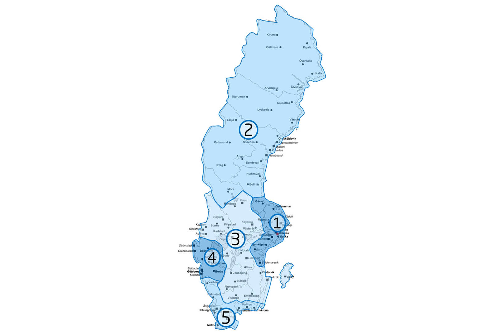 Karta över Sverige indelat i fem olika områden för uppgraderingsetapper