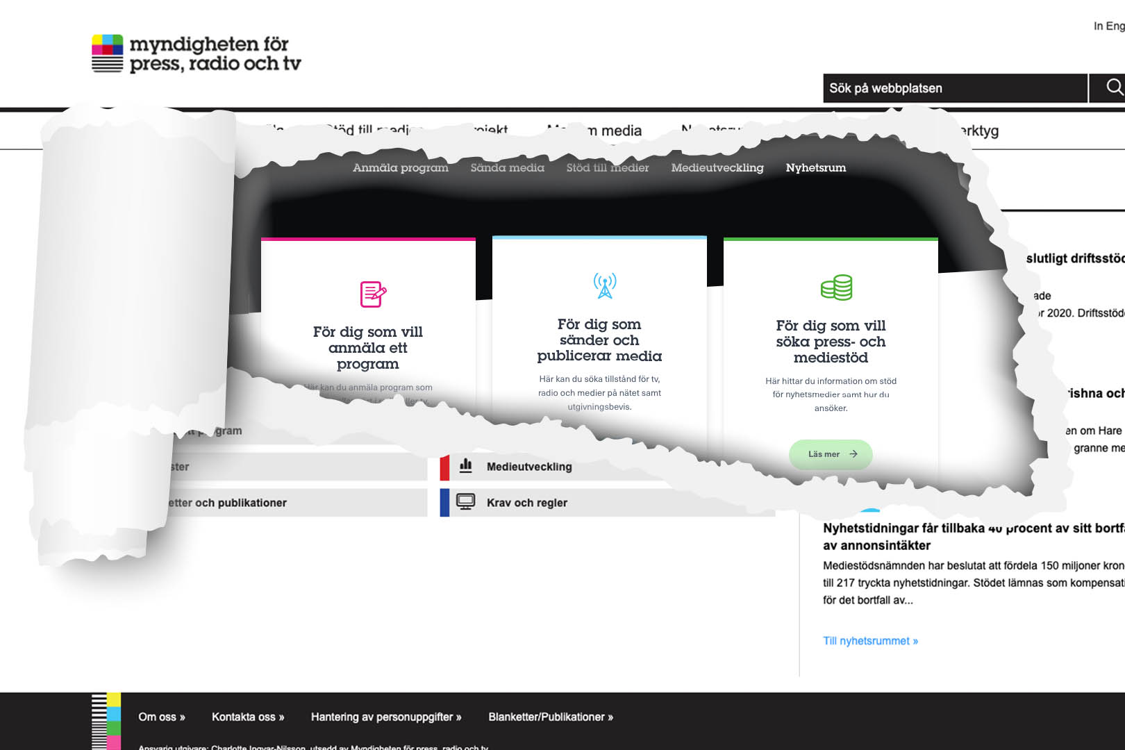 Illustration där en bild av den gamla webbens startsida har en stor reva i sig. Bakom bilden skymtas en bild av den nya webbplatsen.