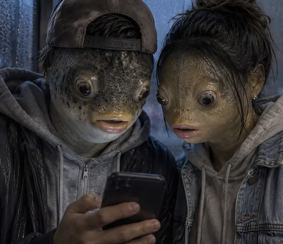 Illustration av fisk som håller i en mobiltelefon