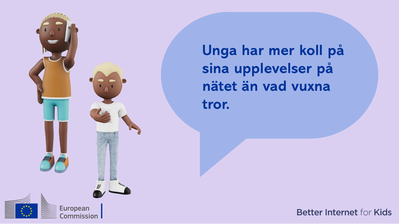 Tecknad bil med två ungdomar som håller i mobiltelefoner. På bilden står det: Ungdomar har mer koll på sina upplevelser på nätet än vad vuxna tror