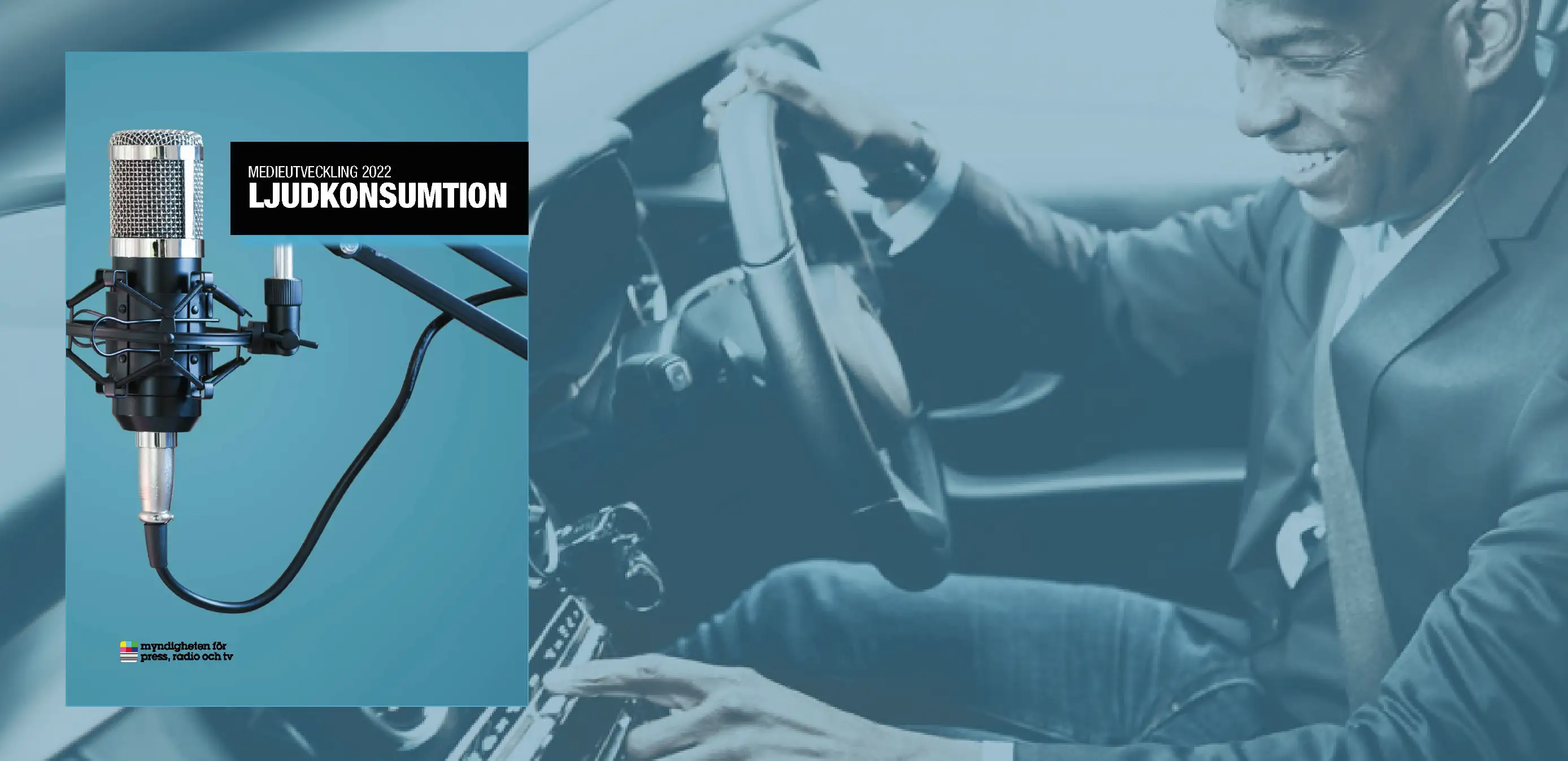 Person i bil justerar ljud; rapporten Ljudkonsumtion syns bredvid