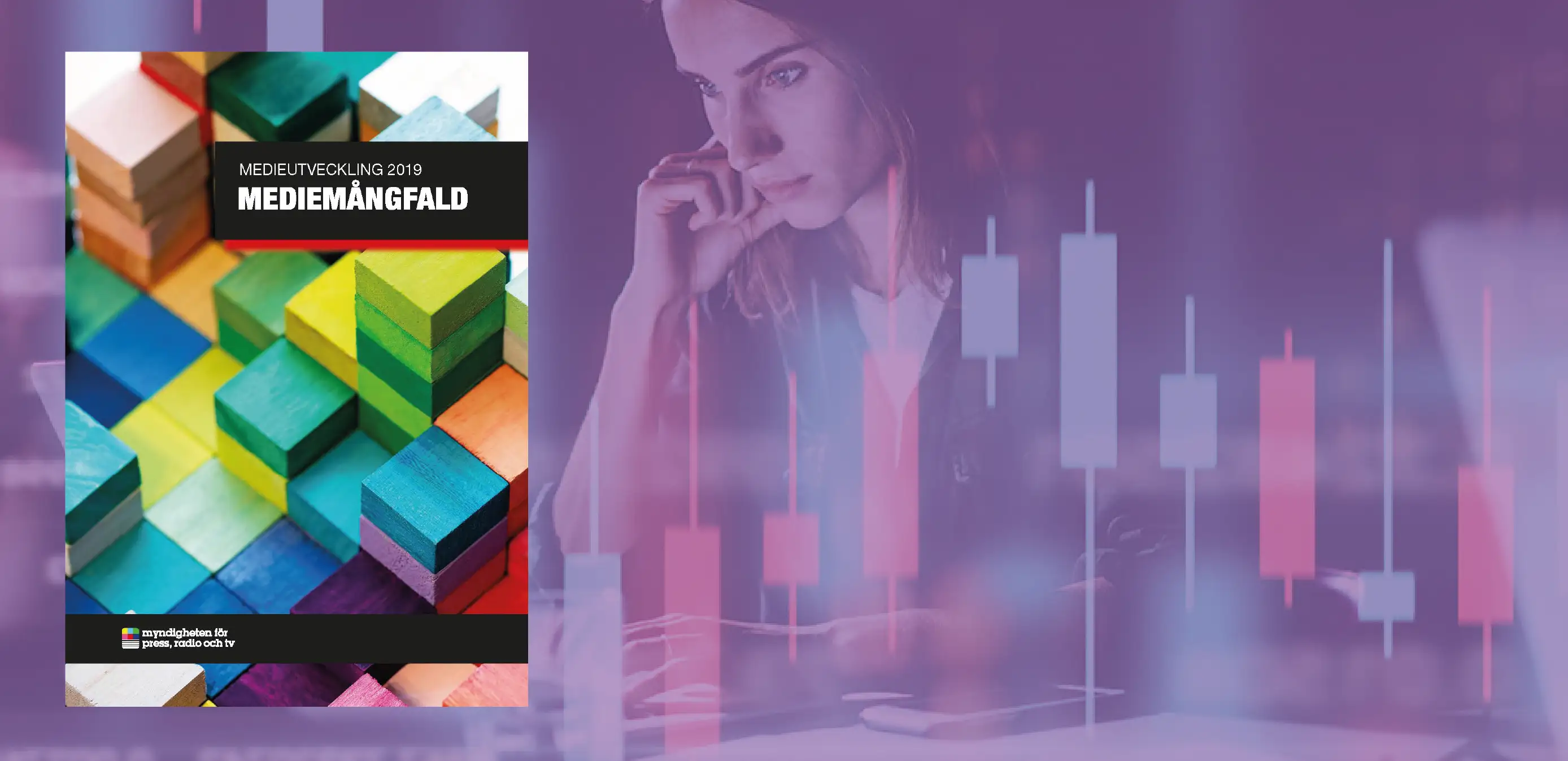 Kvinna vid skärm med finansdata; rapporten mediemångfald syns bredvid